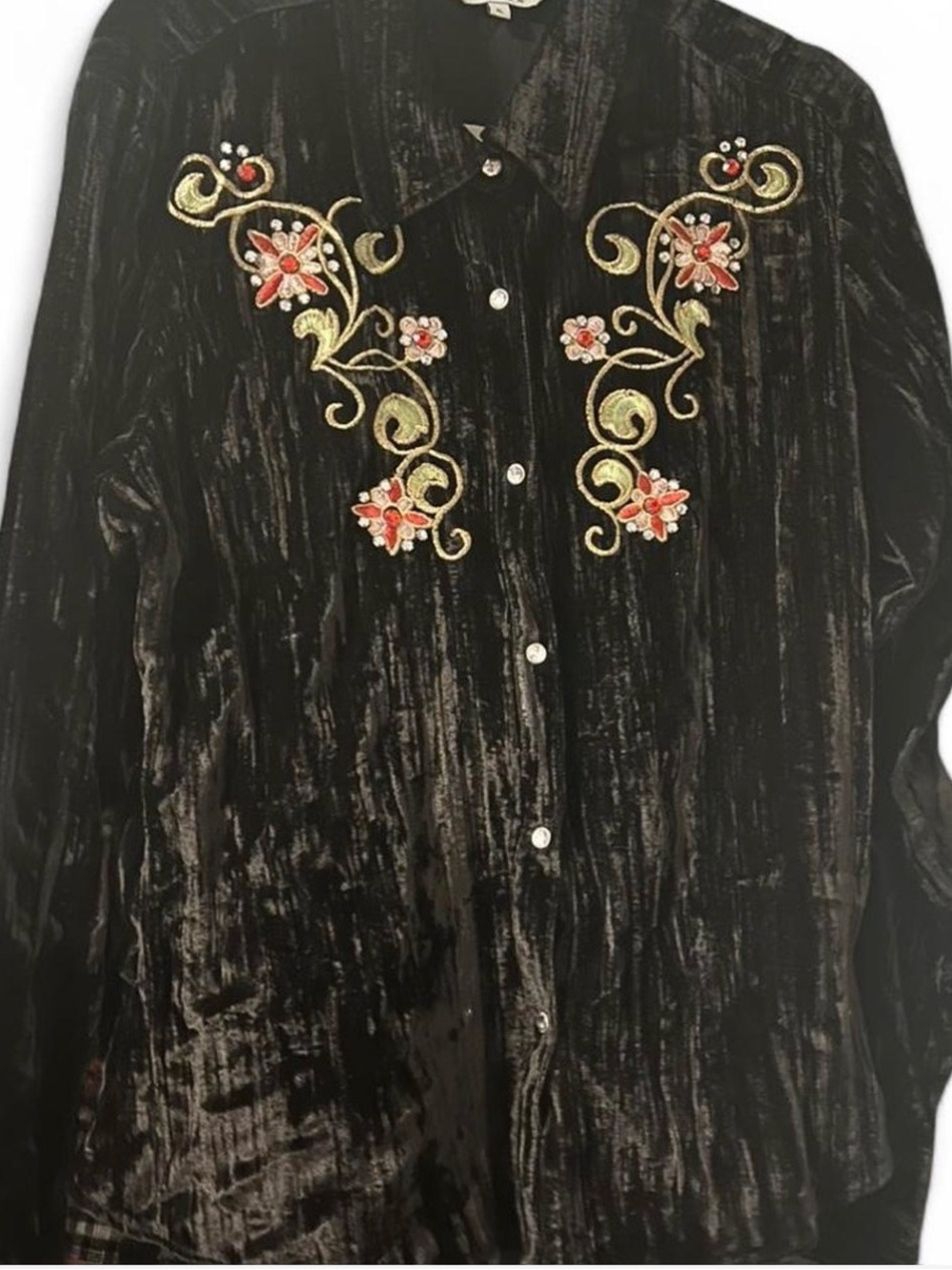 Roper Black Blouse with Gold and Pink Floral Embroidery